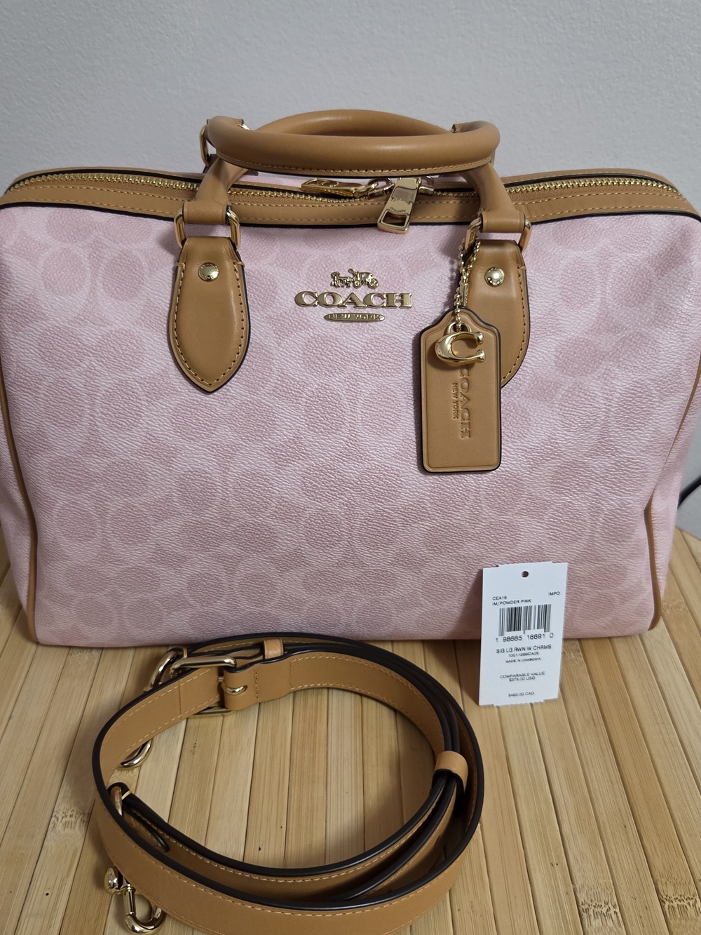 COACH Powder Pink Signature Large Rowan with Tan Leather Trim